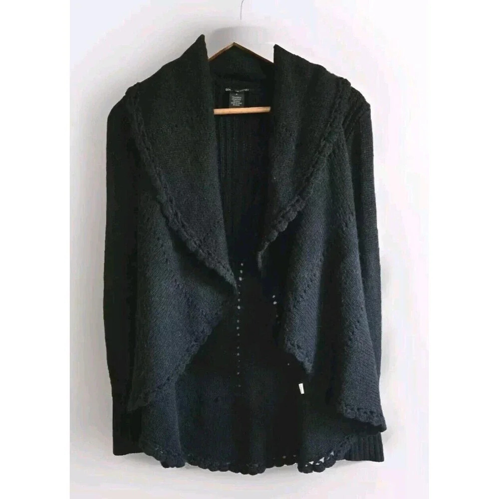 Lucky Brand Alpaca Wool Crochet Open Cardigan Scalloped Edge Shawl Collar Small